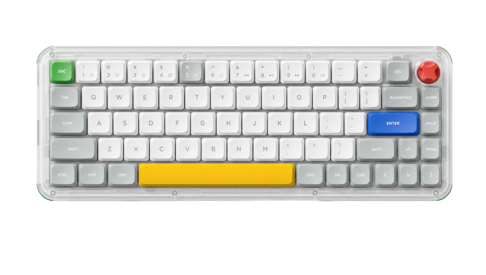 NuPhy Kick75 keyboard, top view — translucent body with green ESC, red X knob, blue Enter and yellow spacebar
